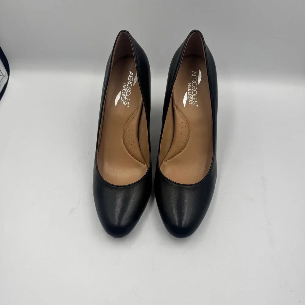 Aerosoles Octagon Black Leather Block Heel Pumps Womens 8.5M Work Career Classic